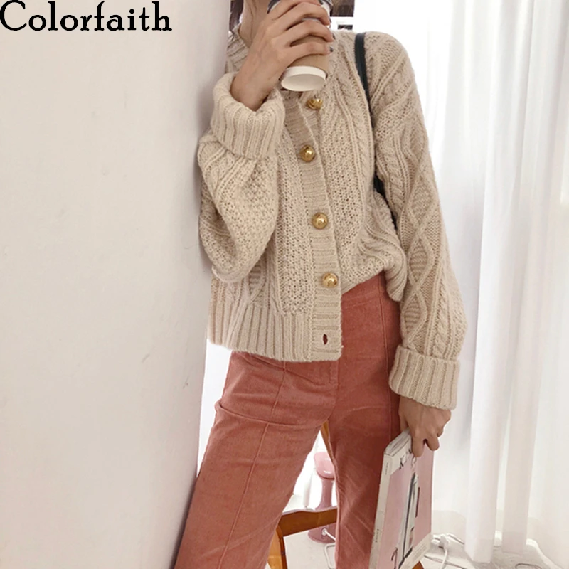 

Colorfaith New 2020 Women's Sweaters Autumn Winter Korean Style Knitted Buttons Cardigans Vintage Wild Knitwear SWC6074