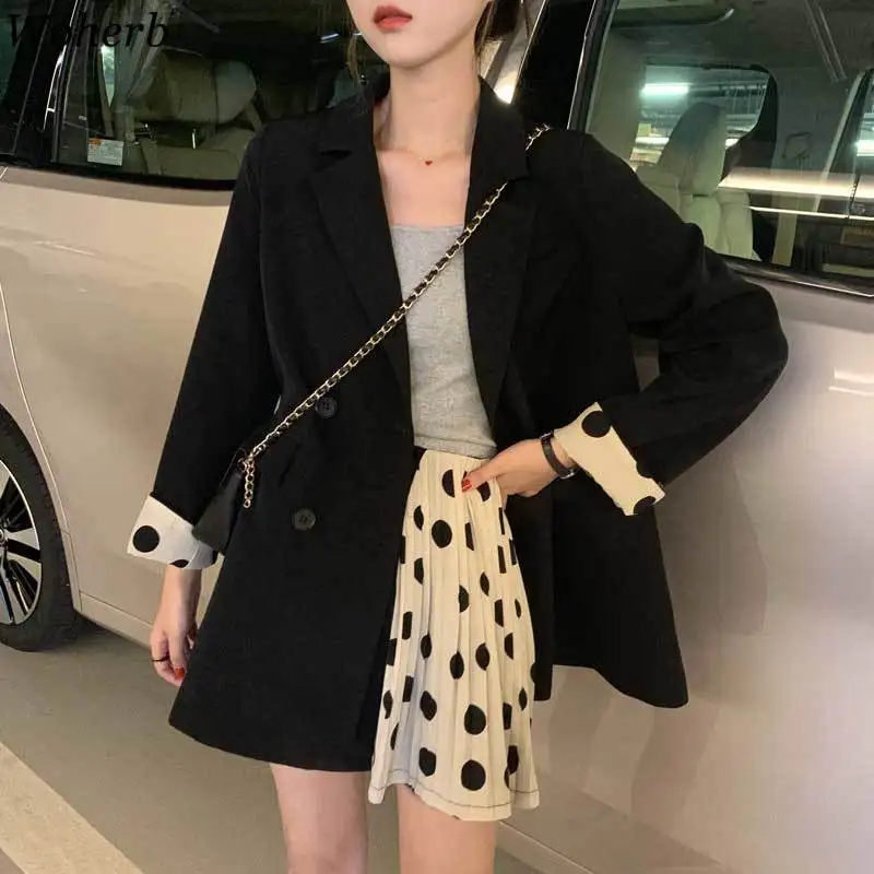 

Woherb Women Korean Chic Black Blazer Polka Dot Print Long Sleeve Office Wear Coat Female Casual Outerwear Tops Blazers 22916