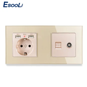 Esooli Crystal Glass Panel EU Standard Electric Socket with 2 USB + 1 Gang RJ11 Telephone and Female TV Jack Connector 172*86mm
Esooli Crystal Glass Panel EU Standard Electric Socket with 2 USB + 1 Gang RJ11 Telephone and Female TV Jack Connector 172*86mm
