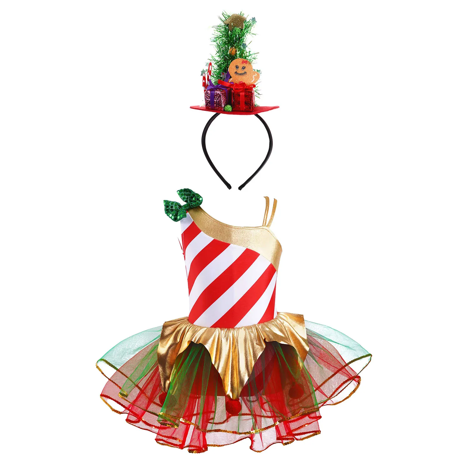 

Kids Girls Candy Cane Christmas Ballet Dance Tutu Dress Stripe Figure Ice Skating Dress Santa Claus Costume with Xmas Tree Hat