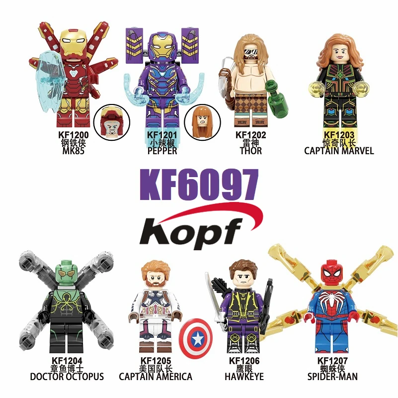 KF6097 Single Sale Super Heroes Movie Figures Iron Man Thor Pepper Hawkeye Spider Man Building Blocks For Kids Learning Toys
KF6097 Single Sale Super Heroes Movie Figures Iron Man Thor Pepper Hawkeye Spider Man Building Blocks For Kids Learning Toys