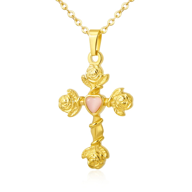 Фото Религиозная бижутерия ожерелье с крестом и подвеской розовый цветок камень