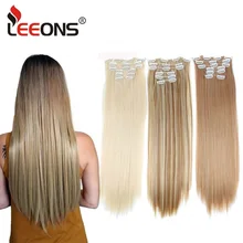 Leeons 16 cores 16 grampos de longa reta extensões de cabelo sintético grampos em fibra de alta temperatura preto marrom hairpiece(China)