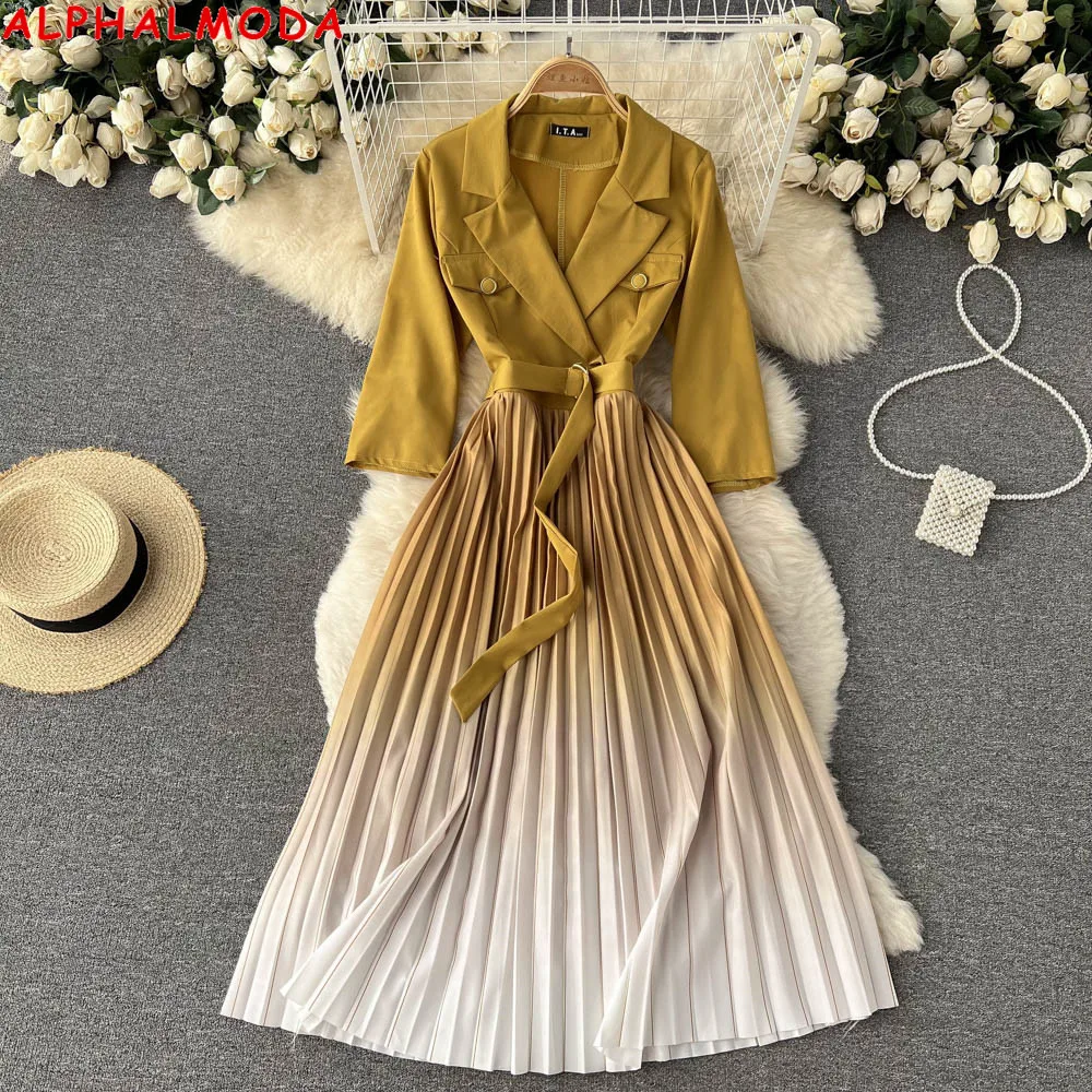 Женское плиссированное платье ALPHALMODA элегантное градиентное Платье До Колена с