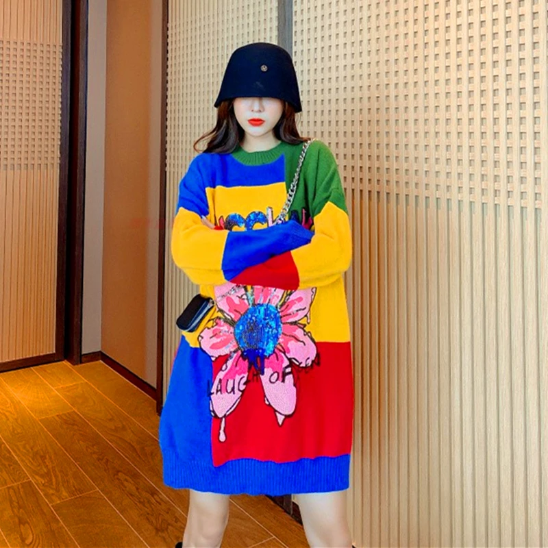 European station rainbow color-blocking cartoon sequined sweater women's mid-length loose and lazy outer wear pullover top
European station rainbow color-blocking cartoon sequined sweater women's mid-length loose and lazy outer wear pullover top