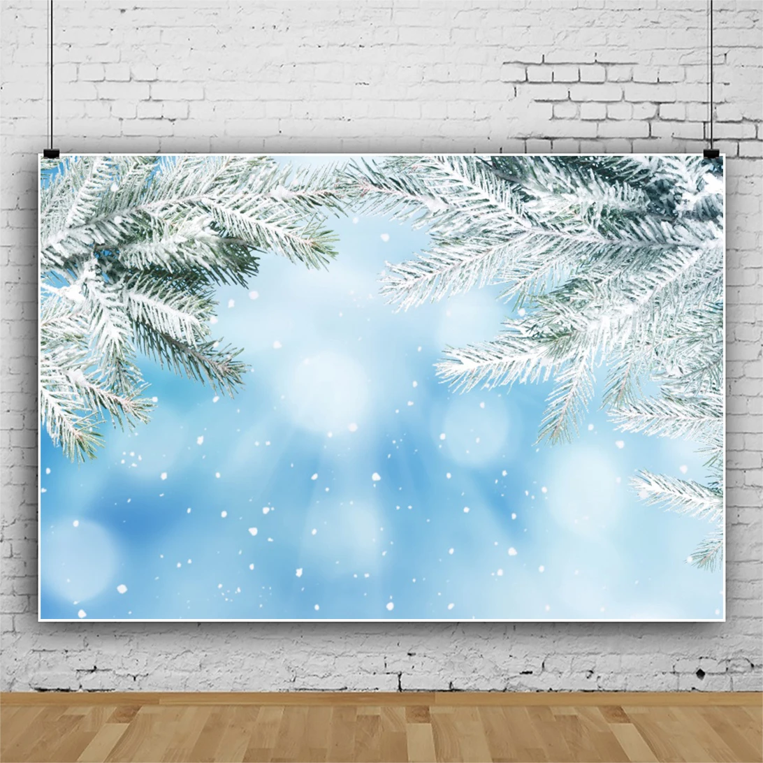 

Laeacco Winter Pine Forest Snowflake Light Bokeh Photocall Poster Polka Dots Child Toys Photographic Background Photo Backdrops