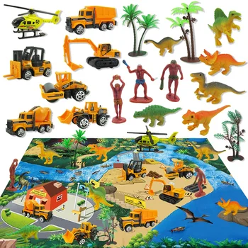 

20PCS Alloy Engineering Car Helicopter Model with Minifigure Dinosaur Toy Children's Play Mat Carpet