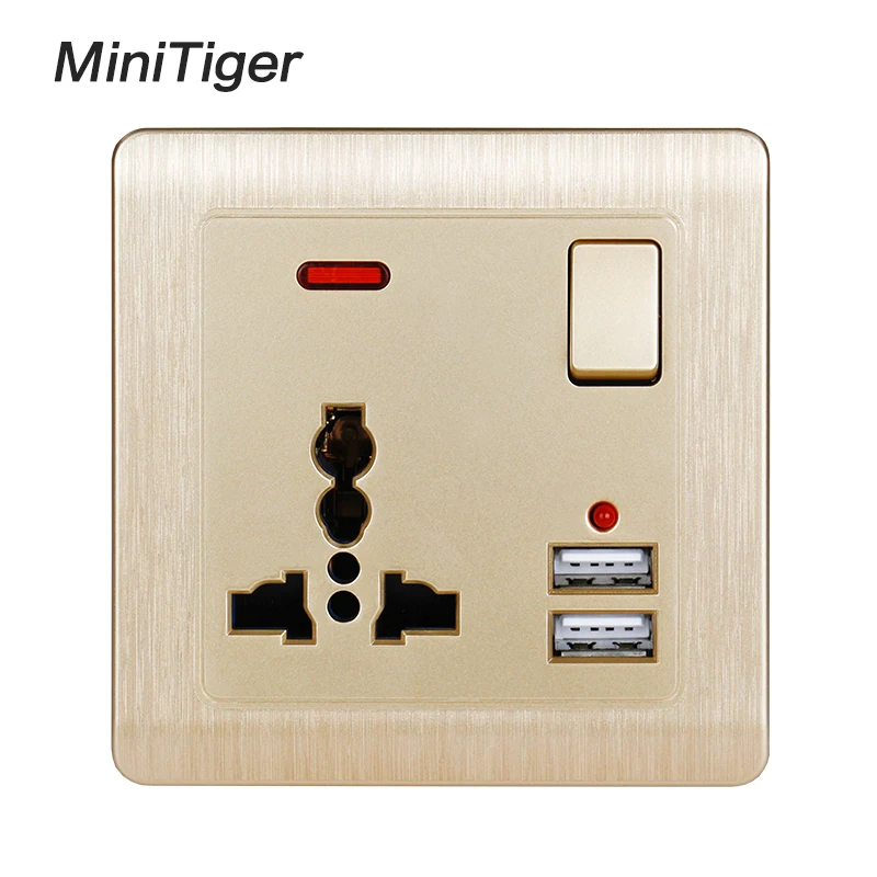 Minitiger Wall Power Socket 13A Universal 3 Hole Switched Outlet 2.1A Dual USB Charger Port LED indicator Gold
Minitiger Wall Power Socket 13A Universal 3 Hole Switched Outlet 2.1A Dual USB Charger Port LED indicator Gold