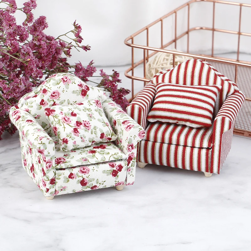 1/12 Mini Floral Print Sofa With Cushion Model Dollhouse Room Decor Photography Prop Miniature Home Decorative Ornaments NEW | Игрушки и