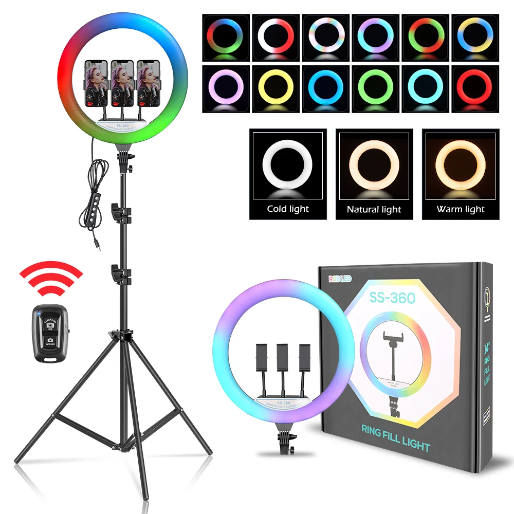 SH 10/12/14 Inch RGB Selfie Ring Light With Stand Tripod Photo Studio LED 15 Color Dimmable Ring Lamp For Phone Makeup SH 10/12/14 Inch RGB Selfie Ring Light With Stand Tripod Photo Studio LED 15 Color Dimmable Ring Lamp For Phone Makeup