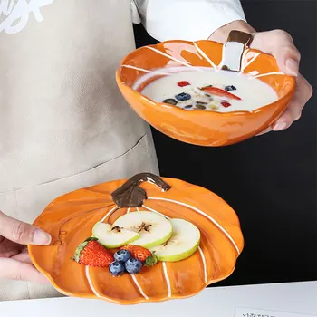 

Pumpkin Design Ceramic Bowl Dessert Plate Round Backing Ramekin Bowl Dinner Dishes Breakfast Dinnerware Set Microwave Safe