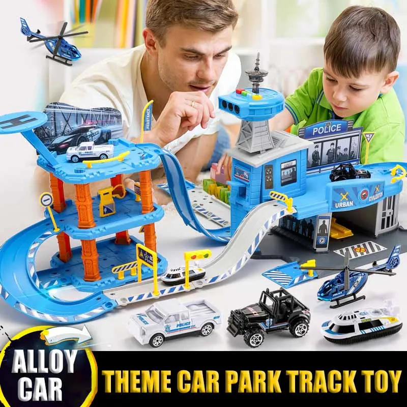 

1:64 Scale Parking Lot Toy Track Set Stop Engineering Police Fire Railway Car Garage Stroller Miniature Aircraft Model Boy Toys