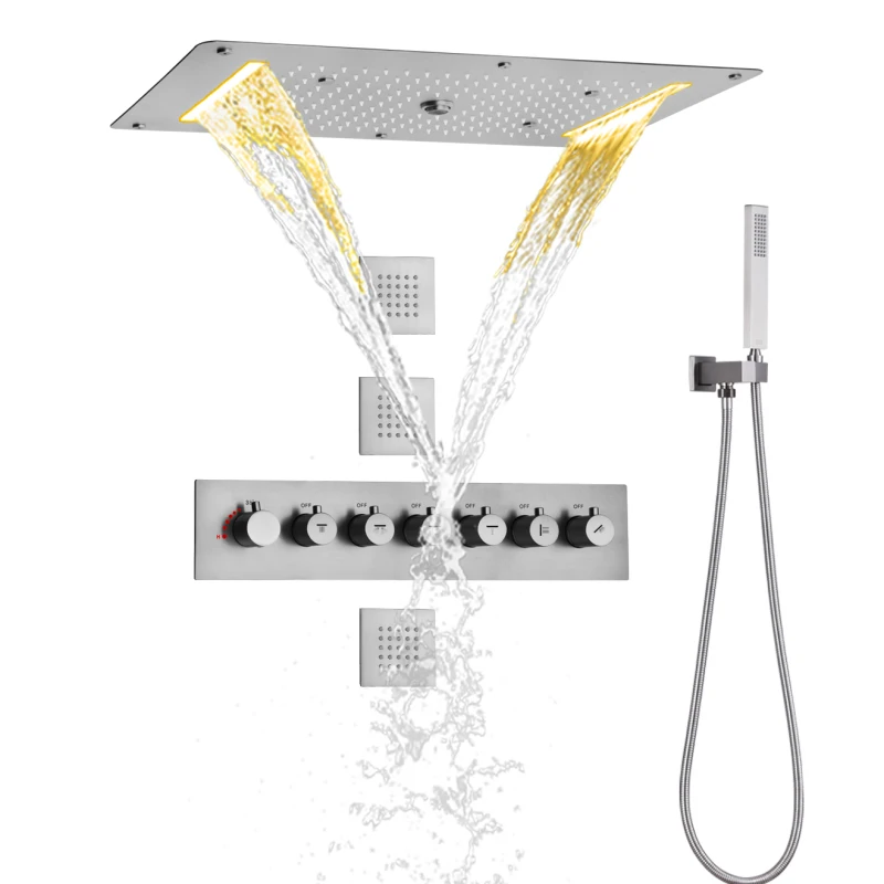 

Brushed Nickel Shower System Set 70x38 Cm LED Thermostatic Bathroom Waterfall Shower Rainfall Atomizing Bubble ，With Handheld