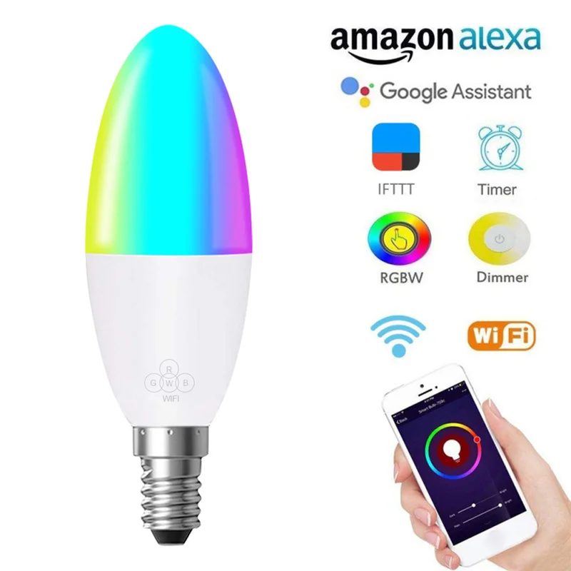 WiFi Smart Lamp Candle Bulb E27 -E14 RGB Bulb AC85-265V Dimmable Support Alexa / Google Home Control By Smartphone Application
WiFi Smart Lamp Candle Bulb E27 -E14 RGB Bulb AC85-265V Dimmable Support Alexa / Google Home Control By Smartphone Application