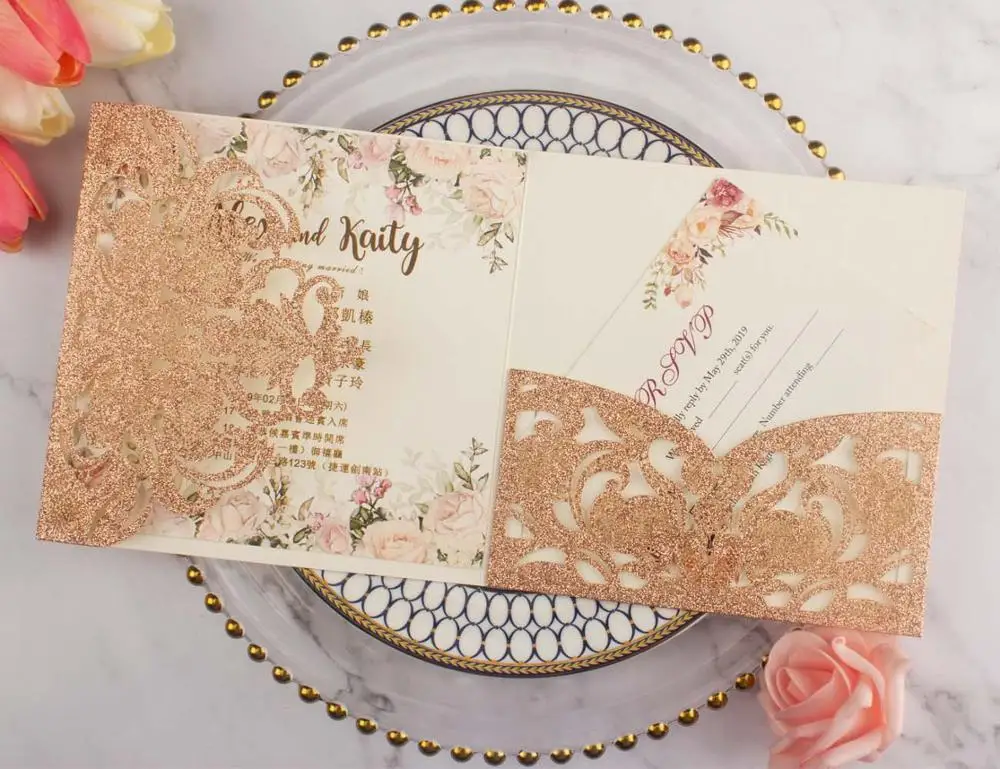 free shipping 50X Champagne glitter Rose gold wedding invitations envelope personalized RSVP laser cutting pocket fold invite 
free shipping 50X Champagne glitter Rose gold wedding invitations envelope personalized RSVP laser cutting pocket fold invite