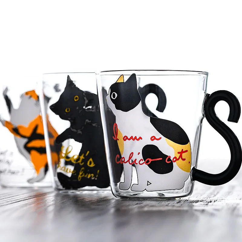 

300ML Cute Kitten Glass Cup Breakfast Tea Beer Wine Glass To Send Friends Gifts Heat-resistant Glass Cups Set Glass Juice Cup