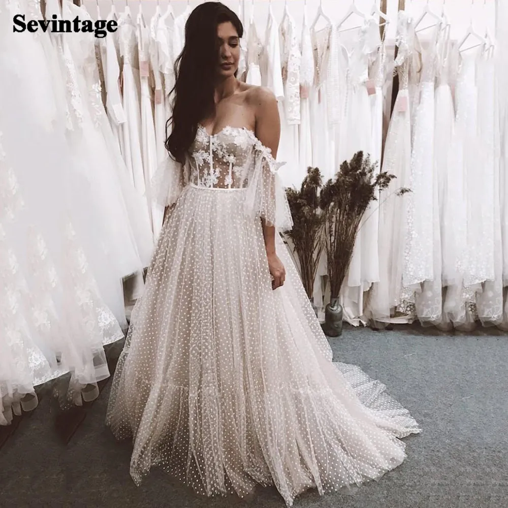 Sevintage Dotted Lace Wedding Dresses Off The ShoulderLacing Back Nude Color Bride Dress 2021 Princess Boho Bridal Gowns
Sevintage Dotted Lace Wedding Dresses Off The ShoulderLacing Back Nude Color Bride Dress 2021 Princess Boho Bridal Gowns