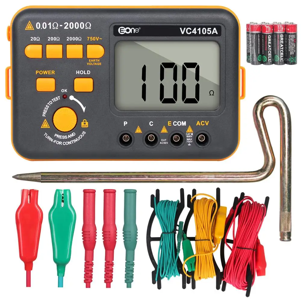 VC4105A LCD Digital Earth Resistance Tester Ground Resistance Voltage Meter Lightning Rod Measuring Tools
VC4105A LCD Digital Earth Resistance Tester Ground Resistance Voltage Meter Lightning Rod Measuring Tools