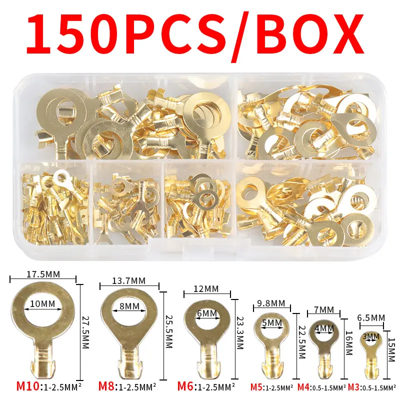 150PCS M3/M4/M5/M6/M8/M10 Ring Lugs Eyes Copper Crimp Terminals Connector cable Lug Copper Tab Wiring Nose Combination set Diy
150PCS M3/M4/M5/M6/M8/M10 Ring Lugs Eyes Copper Crimp Terminals Connector cable Lug Copper Tab Wiring Nose Combination set Diy