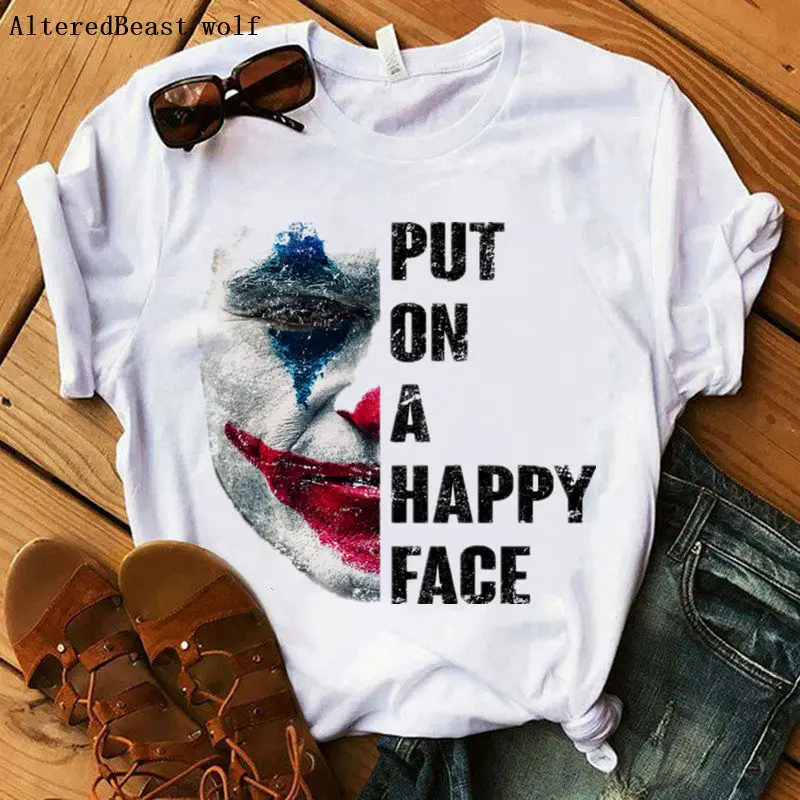Happy face Joker T-Shirt Joker Joaquin Phoenix print women T-Shirts Joker t shirt femme casual short sleeve white clothes Tops
Happy face Joker T-Shirt Joker Joaquin Phoenix print women T-Shirts Joker t shirt femme casual short sleeve white clothes Tops