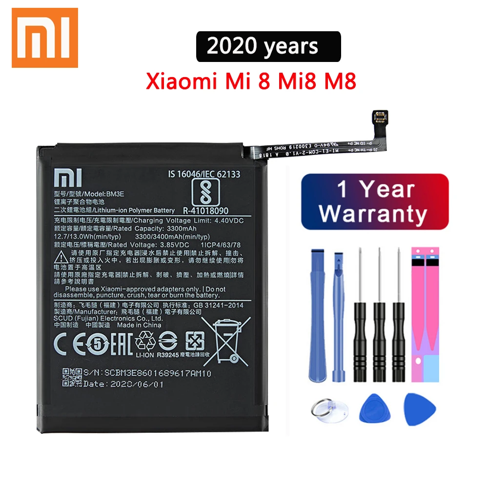 Xiao Mi 100% Original Phone Battery BM3E for Xiaomi Mi 8 Mi8 M8 Real 3400mAh High Quality Replacement Battery and Free Tools
Xiao Mi 100% Original Phone Battery BM3E for Xiaomi Mi 8 Mi8 M8 Real 3400mAh High Quality Replacement Battery and Free Tools