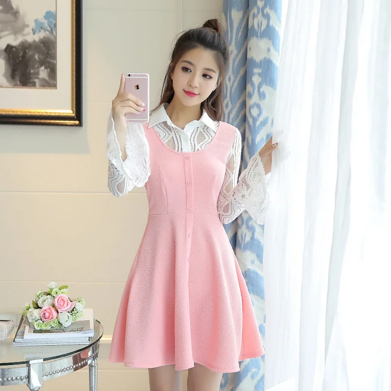 2017 Spring Dress Lace Crocheted Flowers Pierced Long Sleeve Joint New Style Korean-style Casual Mock Two-Piece Base Skirt Women
2017 Spring Dress Lace Crocheted Flowers Pierced Long Sleeve Joint New Style Korean-style Casual Mock Two-Piece Base Skirt Women