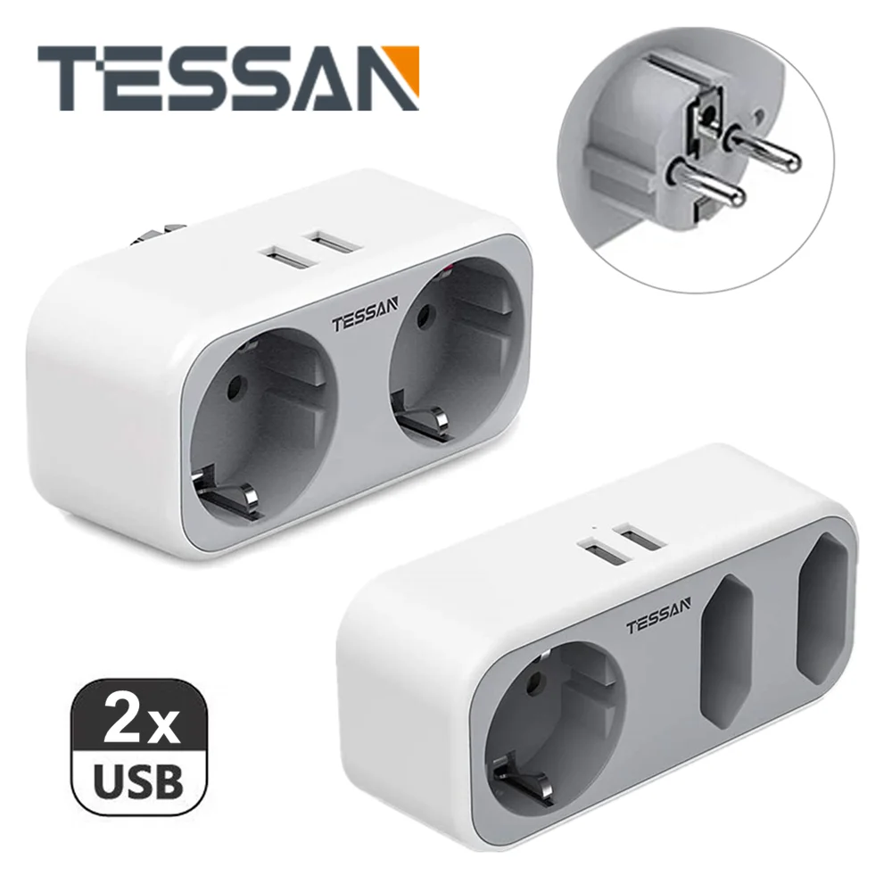 Сетевой адаптер TESSAN с 2 USB-портами 2/3 розеток европейского стандарта настенная