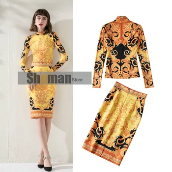 luxury designer fall clothes two piece set outfits for women 2020 branded vintage printed Long Sleeve top + Skirt bodycon sets 
luxury designer fall clothes two piece set outfits for women 2020 branded vintage printed Long Sleeve top + Skirt bodycon sets
