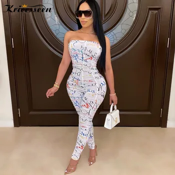

Kricesseen Sexy Print Strapless Skinny Jumpsuits New Women Long Pant Rompers Clubwear Overalls Female Jumpsuit Outfits