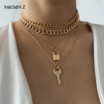 IngeSight.Z 3Pcs/Set Punk Multi Layer Padlock Key Pendant Necklace Statement Lock Curb Cuban Choker Necklaces for Women Jewelry
