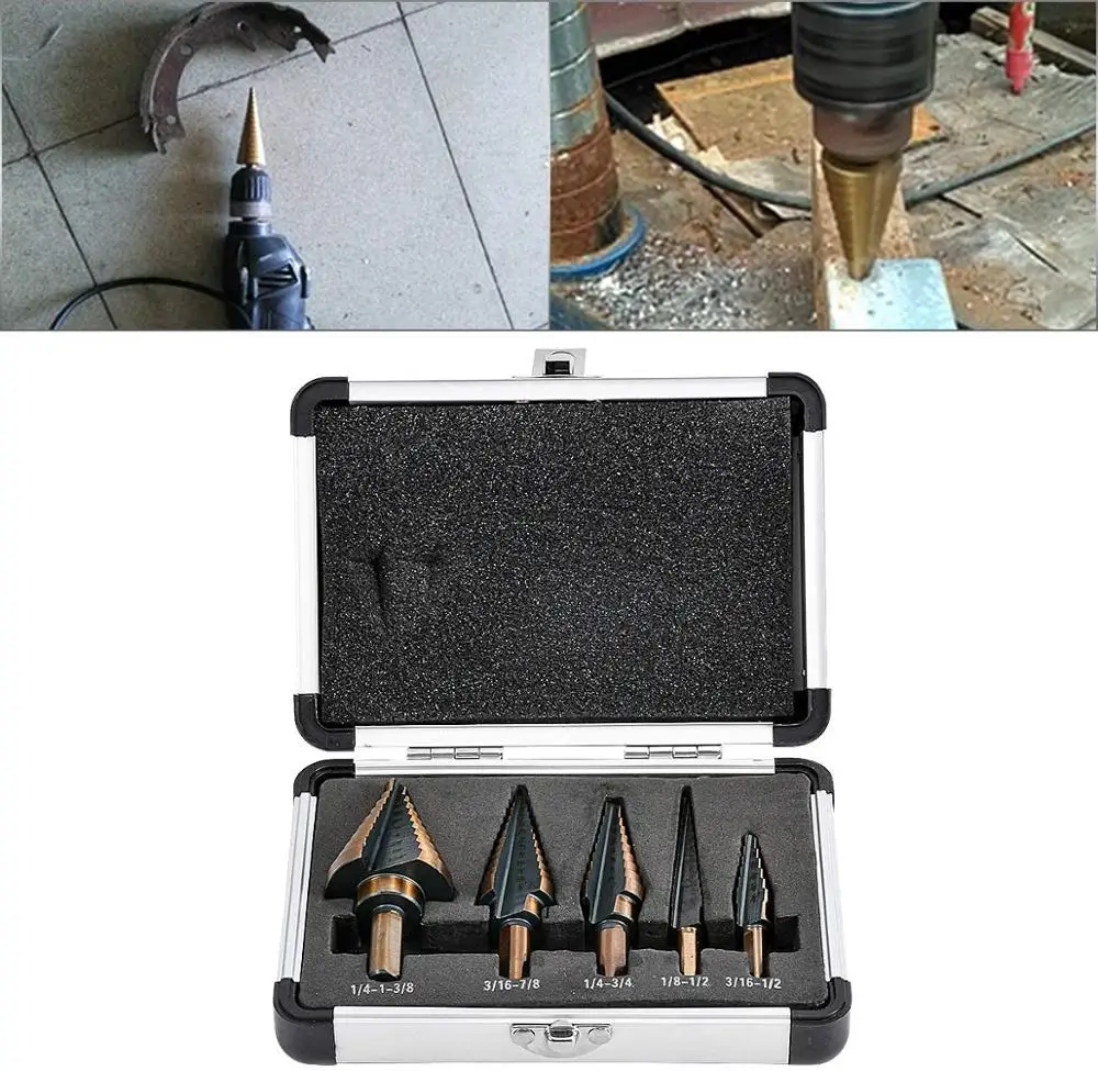 Step Drill Bits 5PCS HSS Cobalt Titanium Step Drill Bits Multiple Hole 50 Sizes High Speed Steel Drill Bits with an Carrying Cas
Step Drill Bits 5PCS HSS Cobalt Titanium Step Drill Bits Multiple Hole 50 Sizes High Speed Steel Drill Bits with an Carrying Cas