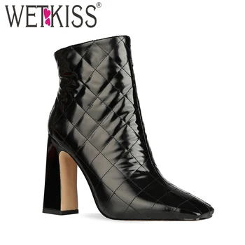 

WETKISS Fashion Ladies Booties Women Square Toe Ankle Boots Shoes Woman Thick High Heels Shoes Grid Female Boot Elegant OL