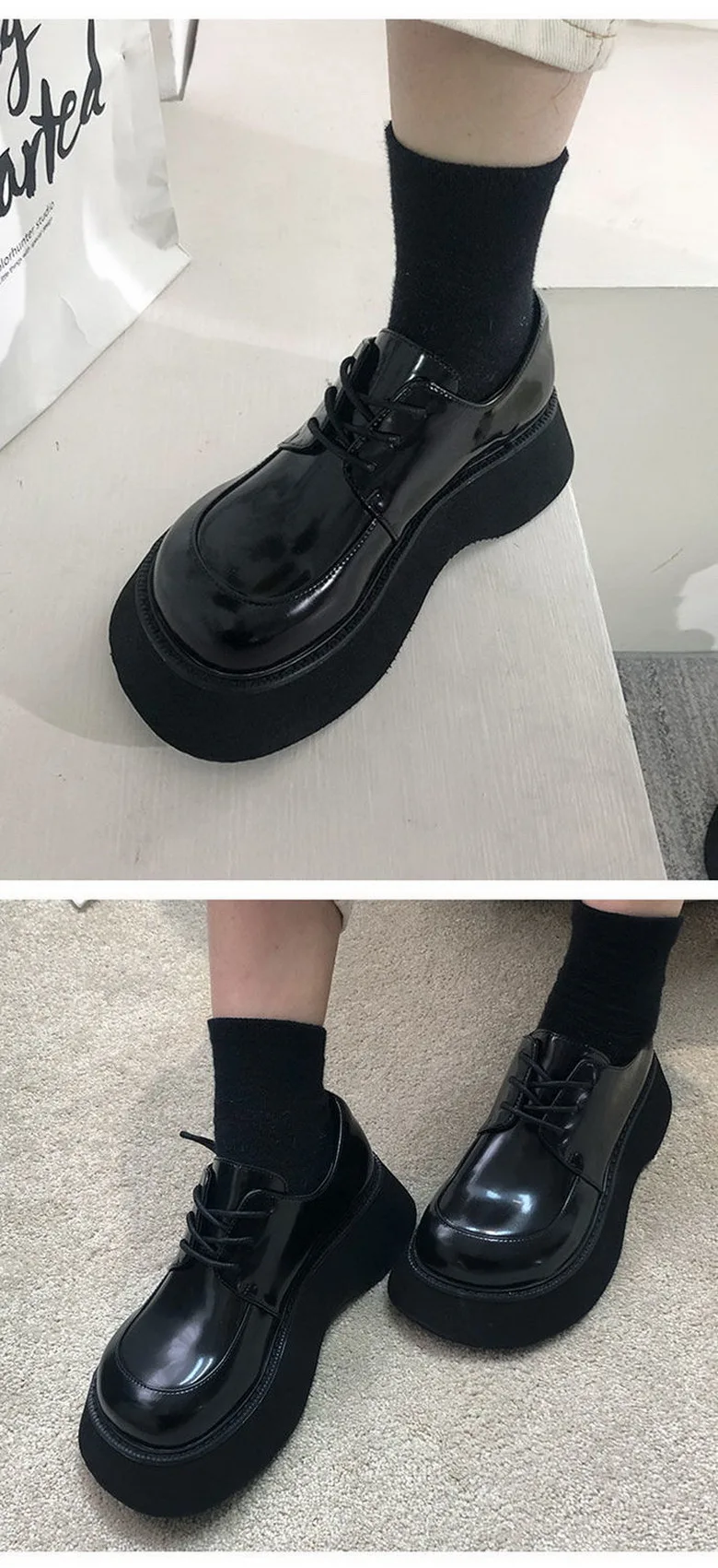 Platforms Shoes Women Bottom Heels Woman Autumn Shoes Round Big toe Shoe British Style Girls Faves Footwear Slip On Black