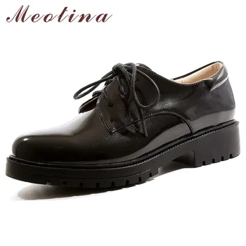 

Meotina High Heels Women Pumps Patent Leather Square Heel Derby Shoes Lace Up Round Toe Casual Shoes Ladies Black Big Size 33-43