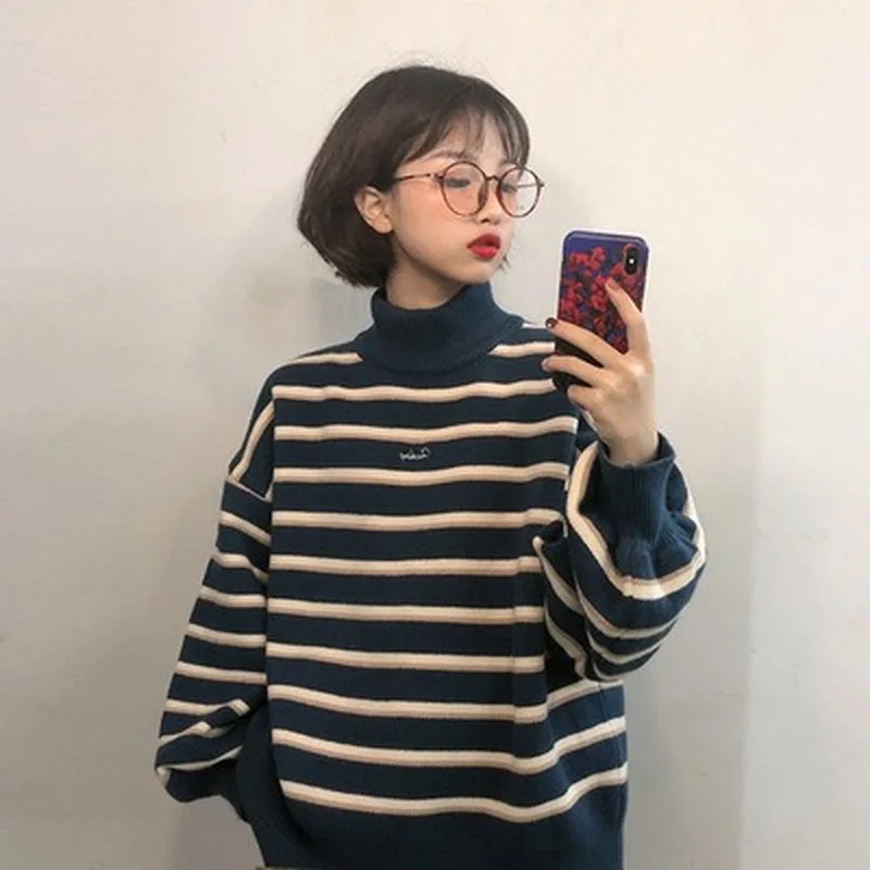 2020 New Fashion Sweet High Collar with Stripes Women's Loose-Fit Student Pullover Thick Long-Sleeved Knitted Sweater
2020 New Fashion Sweet High Collar with Stripes Women's Loose-Fit Student Pullover Thick Long-Sleeved Knitted Sweater