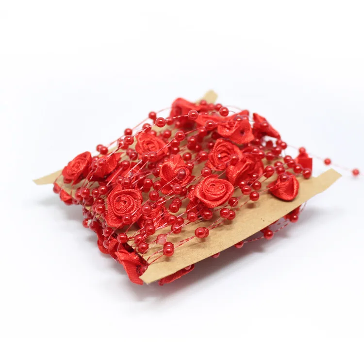 Chaîne de perles d'imitation de 5m, garniture de chaîne de fleur de Rose en tissu pour guirlande de bricolage, décoration de fête de mariage, accessoires artisanaux 2
