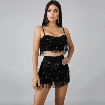 Bling Sequins Tassel Two Piece Set Spaghetti Strap Backless Crop Tops Elastic Waist Mini Skirt Summer Night Party Club Outfits
Bling Sequins Tassel Two Piece Set Spaghetti Strap Backless Crop Tops Elastic Waist Mini Skirt Summer Night Party Club Outfits
