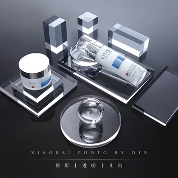 투명 아크릴 기하학 사진 배경 소품, 큐브 직육면체 원통형 유리 공 사진 배경 플레이트 장식 상품 이미지