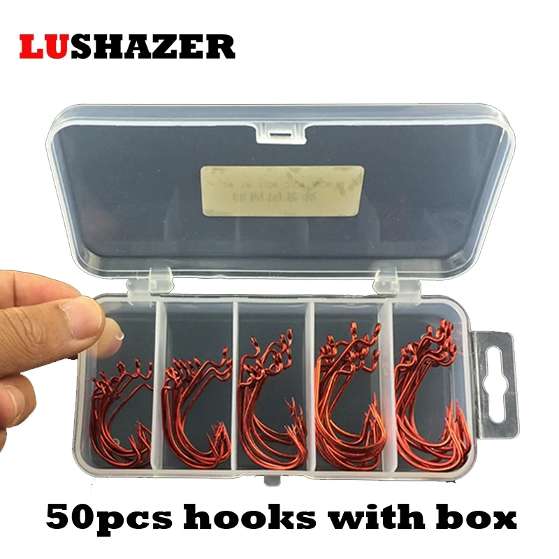 50pcs sea hooks Fishing box LUSHAZER offset hook 2#-3/0# carp snap fishing big tackles accessories fishhook | Спорт и развлечения