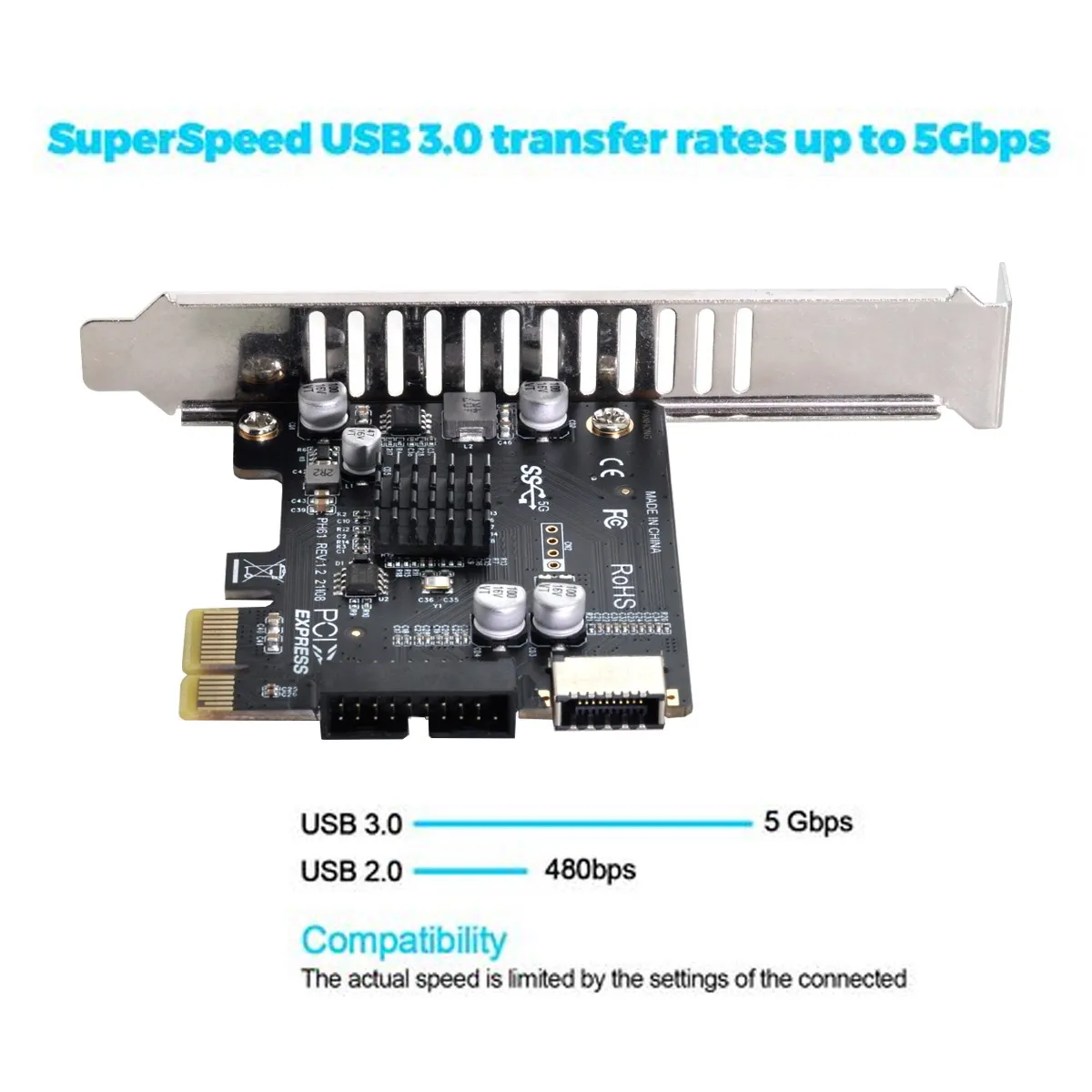 

Type-E USB 3.1 Front Panel PCI-E 1X Express Adapter 5Gbps Socket & USB 2.0 to