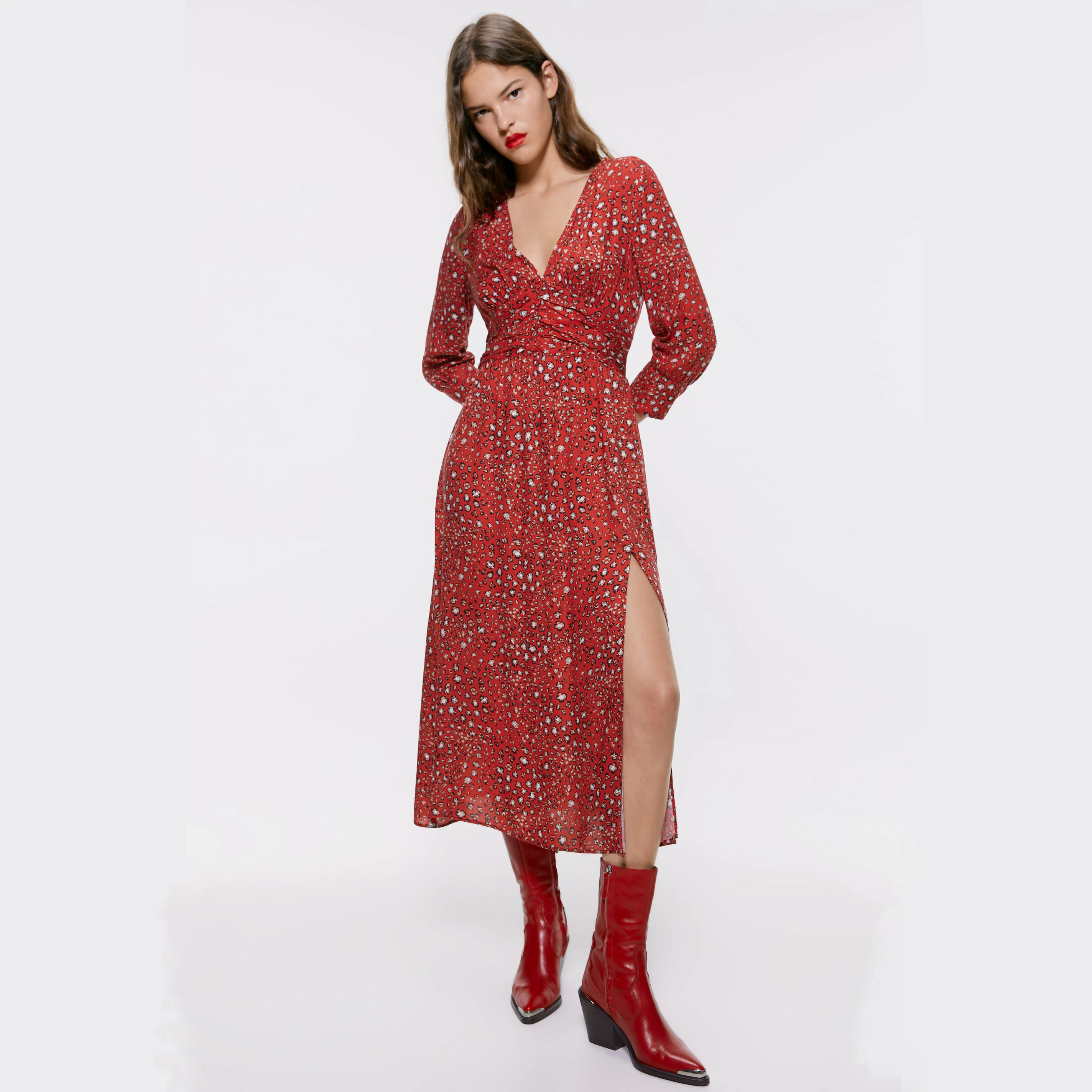 Vintage Sexy Animal Printing ZA Long Dress New Fashion Temperament Red V-Neck Line Slit Maxi Club Dress Women Party Night Gift
Vintage Sexy Animal Printing ZA Long Dress New Fashion Temperament Red V-Neck Line Slit Maxi Club Dress Women Party Night Gift