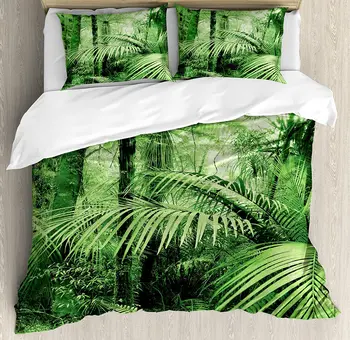 

Rainforest Duvet Cover Set Palm Trees and Exotic Plants in Tropical Jungle Wild Nature Zen Theme Illustration Bedding Set Green
