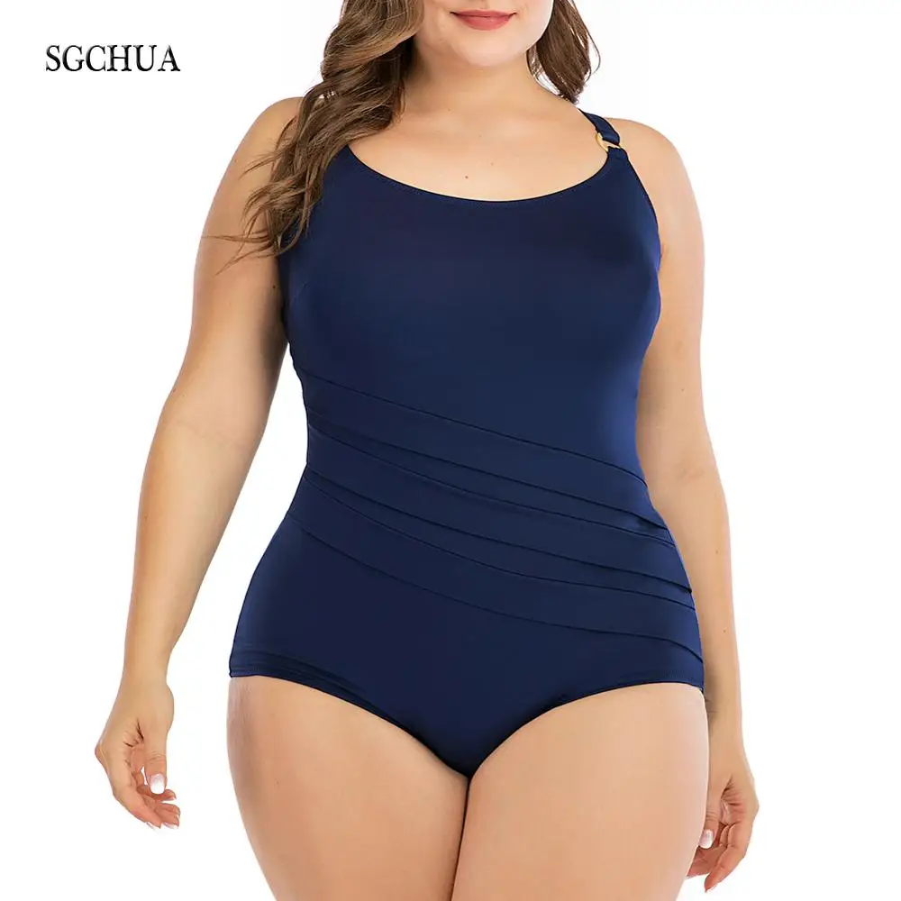 

SGCHUA 2020 New Big Size 6XL One Piece Swimwear Women Plus Large Solid Blue Swimsuit Shape Backless Beach Pleated Bathing Suit