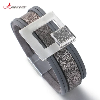 Amorcome NEW ARRIVAL Magnetic Clasp Grey Leather Bracelet Hollow Metal Square Charm Wrap Bracelets & Bangles Femme Jewelry Gift
Amorcome NEW ARRIVAL Magnetic Clasp Grey Leather Bracelet Hollow Metal Square Charm Wrap Bracelets & Bangles Femme Jewelry Gift