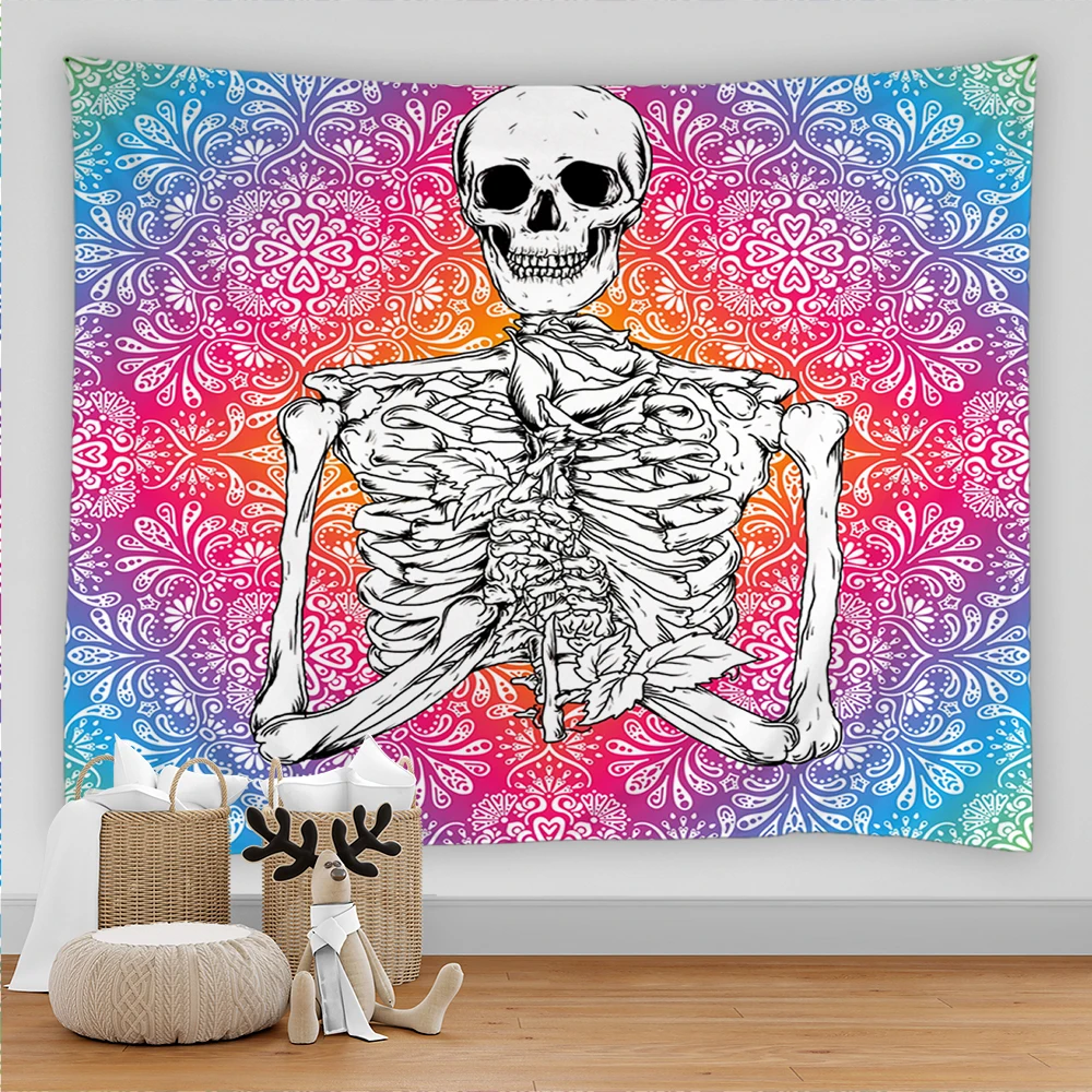 

Indian Mandala Skull Skeleton Tapestry Wall Hanging Boho Decor Macrame Hippie Witchcraft Tapestries for Living Room Wall Cloth