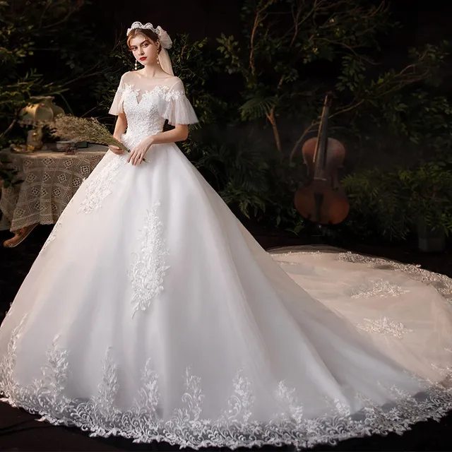 Robe de Mariée Classique à Col Rond et Manches Chauve-Souris, Tenue de Bal avec Traîne de 1m, Personnalisée, Nouvelle Collection 2021 2