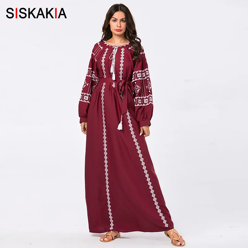 

Siskakia Plus Size Women Long Dress Ethnic Geometric Embroidery Maxi Dresses Bishop Sleeve Muslim Arabian Robes 4XL Autumn 2019