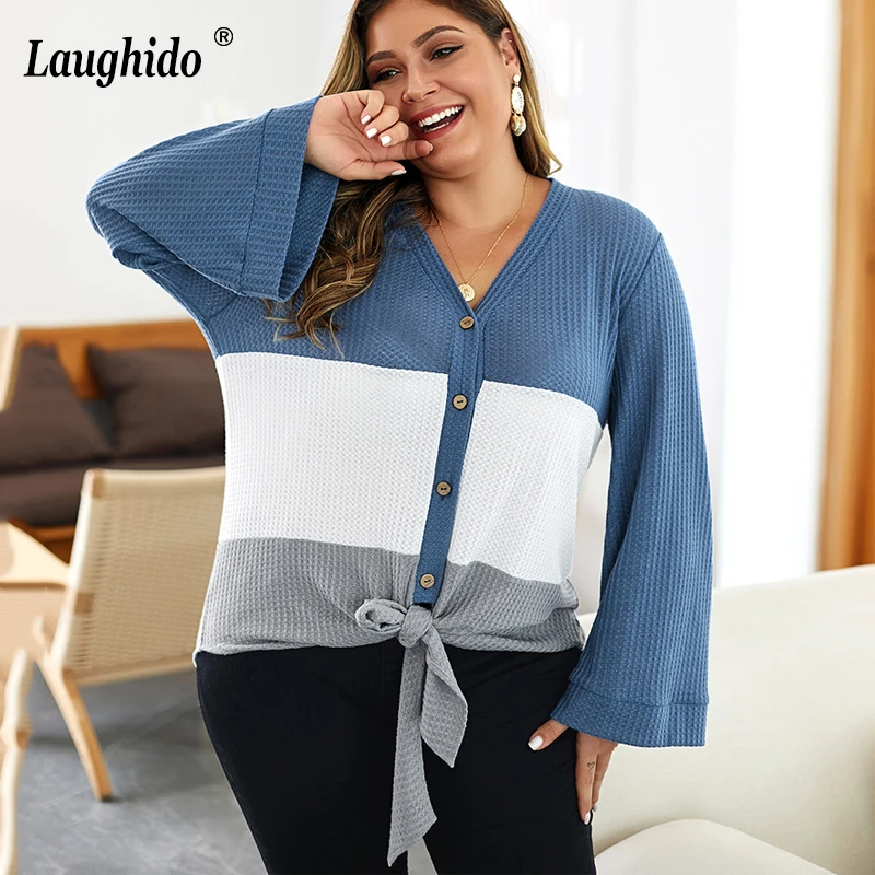 Laughido Plus Size Loose Patchwork Sweaters V Neck Button Casual Tops Women Knitted Autumn Winter Bow Tie Sweaters Female 2019
Laughido Plus Size Loose Patchwork Sweaters V Neck Button Casual Tops Women Knitted Autumn Winter Bow Tie Sweaters Female 2019