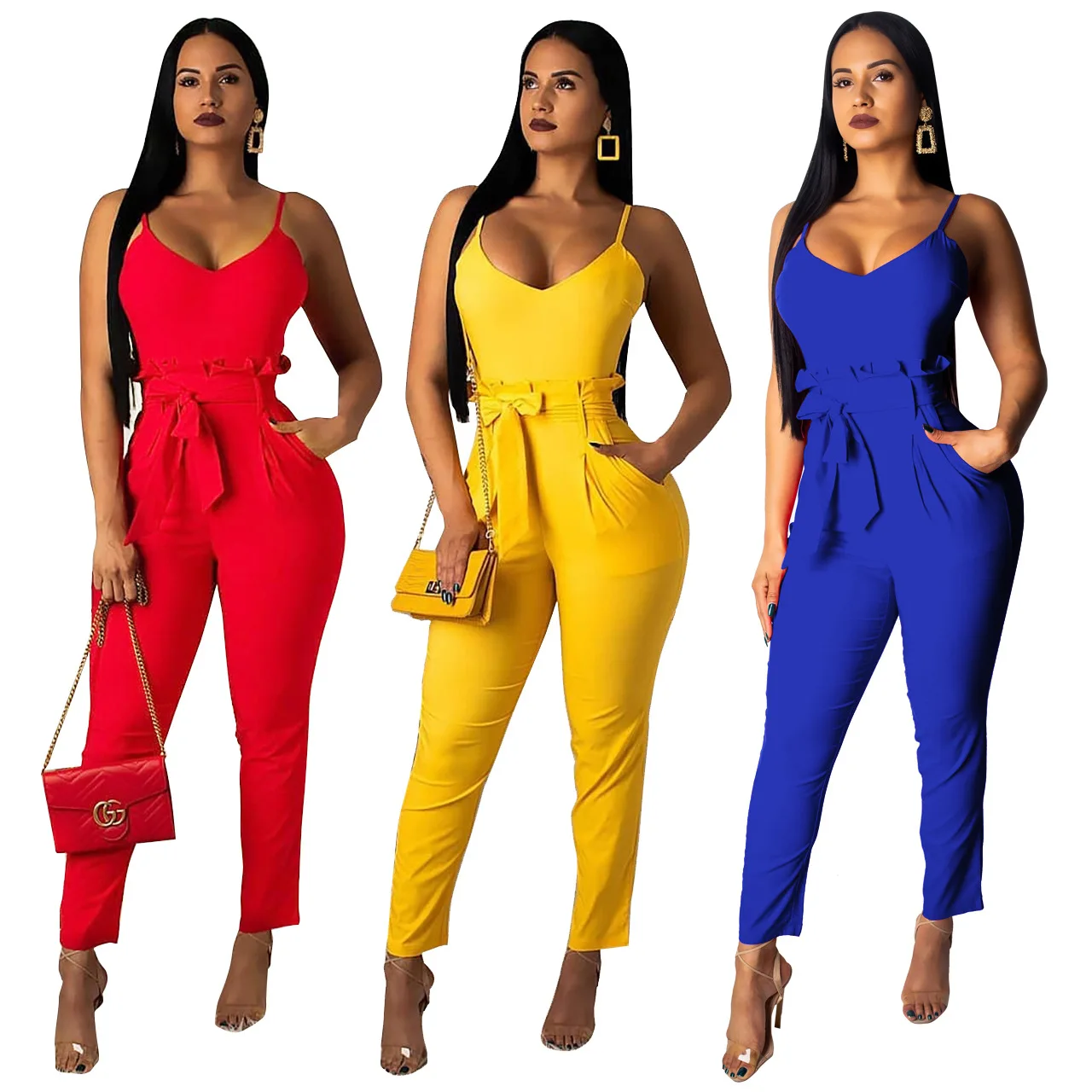 2019 Europe and the United States autumn women's new lace waist solid color suspender jumpsuit (with belt)
2019 Europe and the United States autumn women's new lace waist solid color suspender jumpsuit (with belt)
