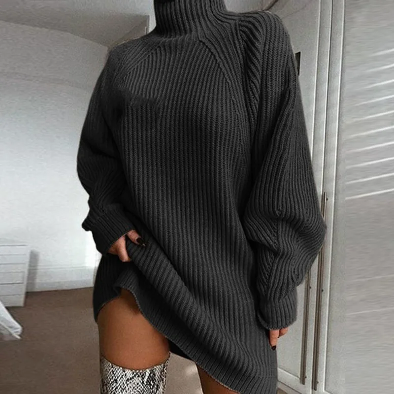 

Turtleneck Long Sleeve Sweater Dress Women Autumn Winter Loose Tunic Knitted Casual Pink Gray Clothes Solid Dresses